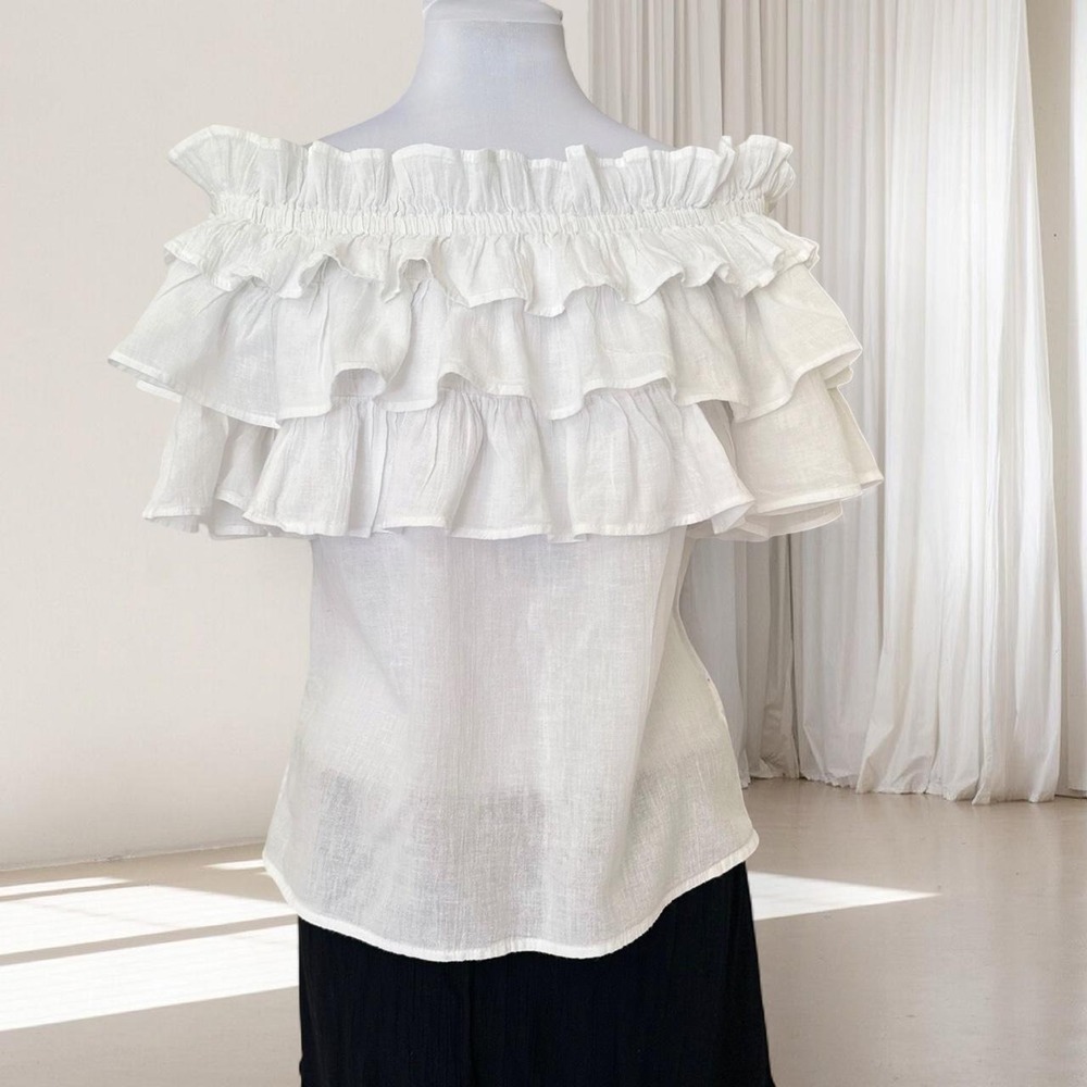 Lanidor Collection White Cotton Off the Shoulder Tiered Ruffle Blouse Small